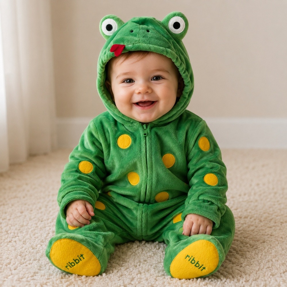 First Moments Frog Costume Baby 6/9M Green‎ Yellow Spotted Plush Hooded Zip Up